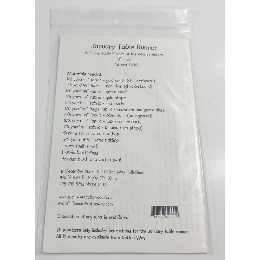 COTTON WAY Table Runner of the‎ Month January Pattern #2001 18 x 38